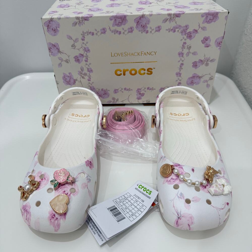 LoveShackFancy White Floral Ribbon-Trimmed Clogs - Picture 8 of 10